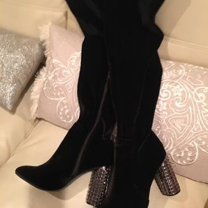 Velvet boots with rhinestone heel